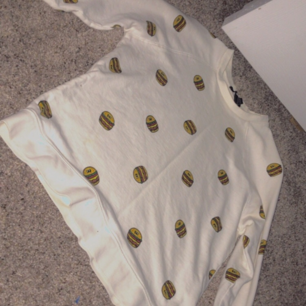 white sweater , with burgers on it !!